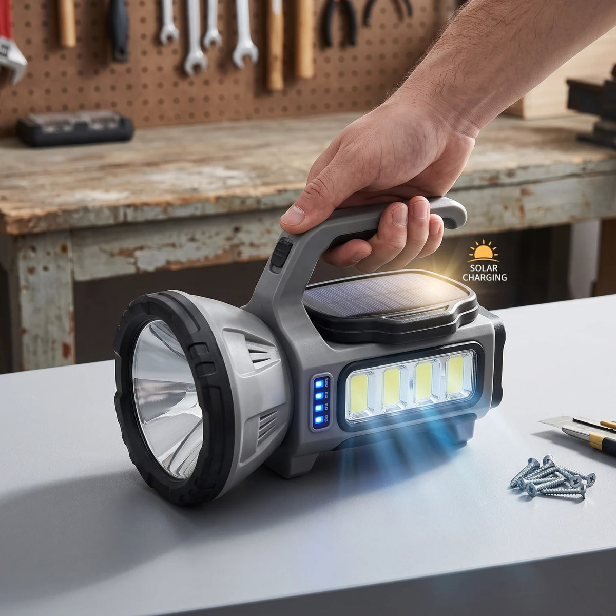 Hurry.bolt Handheld Work Light – Solar Charging, Gray and Black, 11 x 9 x 18 cm Portable Light with Multiple Panels