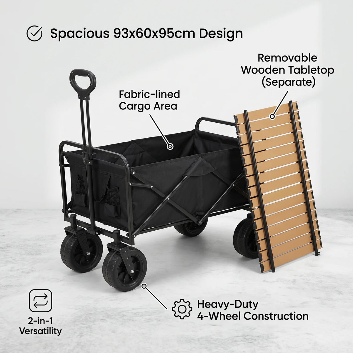 Collapsible Heavy-Duty Outdoor Utility Wagon – 93 x 60 x 95cm | Removable Wooden Tabletop, Four Wheels and Folding Frame for Camping