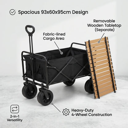 Collapsible Heavy-Duty Outdoor Utility Wagon – 93 x 60 x 95cm | Removable Wooden Tabletop, Four Wheels and Folding Frame for Camping