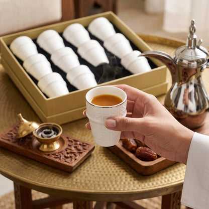 Dallah addar 12 pieces Arabic Moroccan bone china porcelain cups set – White Glossy Geometric Design with Metallic Rim