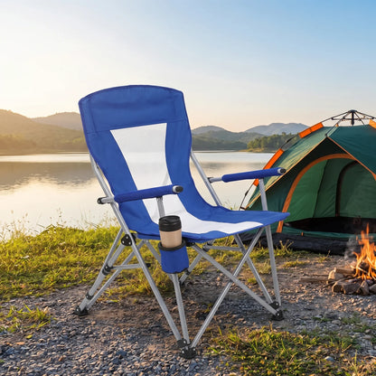Portable Foldable Outdoor Camping Chair – 94 x 64 x 73 cm | Padded Armrests, Built-In Cup Holder | Folding Leisure Seat for Camping - Blue-White - Image 4