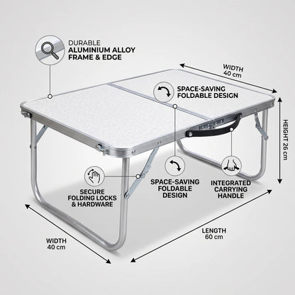 Aluminium Alloy Foldable Mini Camping Table – 60 x 40 x 26 cm | White Patterned Top, Silver Frame and Folding Legs