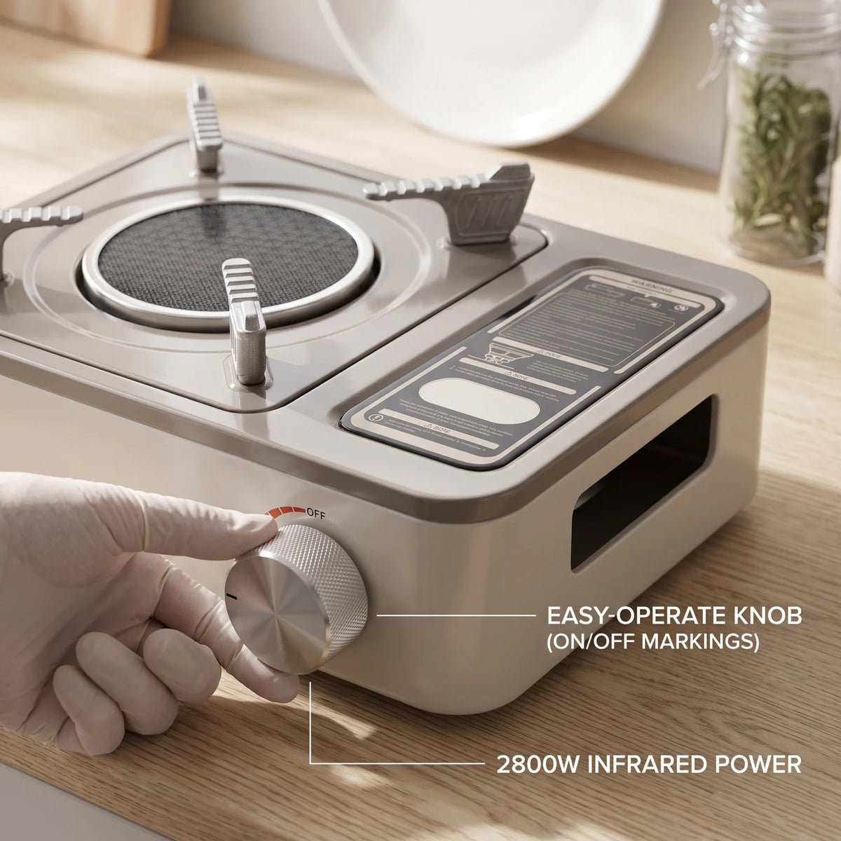 Infrared Gas Stove (LJ-109) – Single-Burner Portable Cooker with Circular Burner, Four Pot Supports, ON/OFF Control Knob, Beige Body