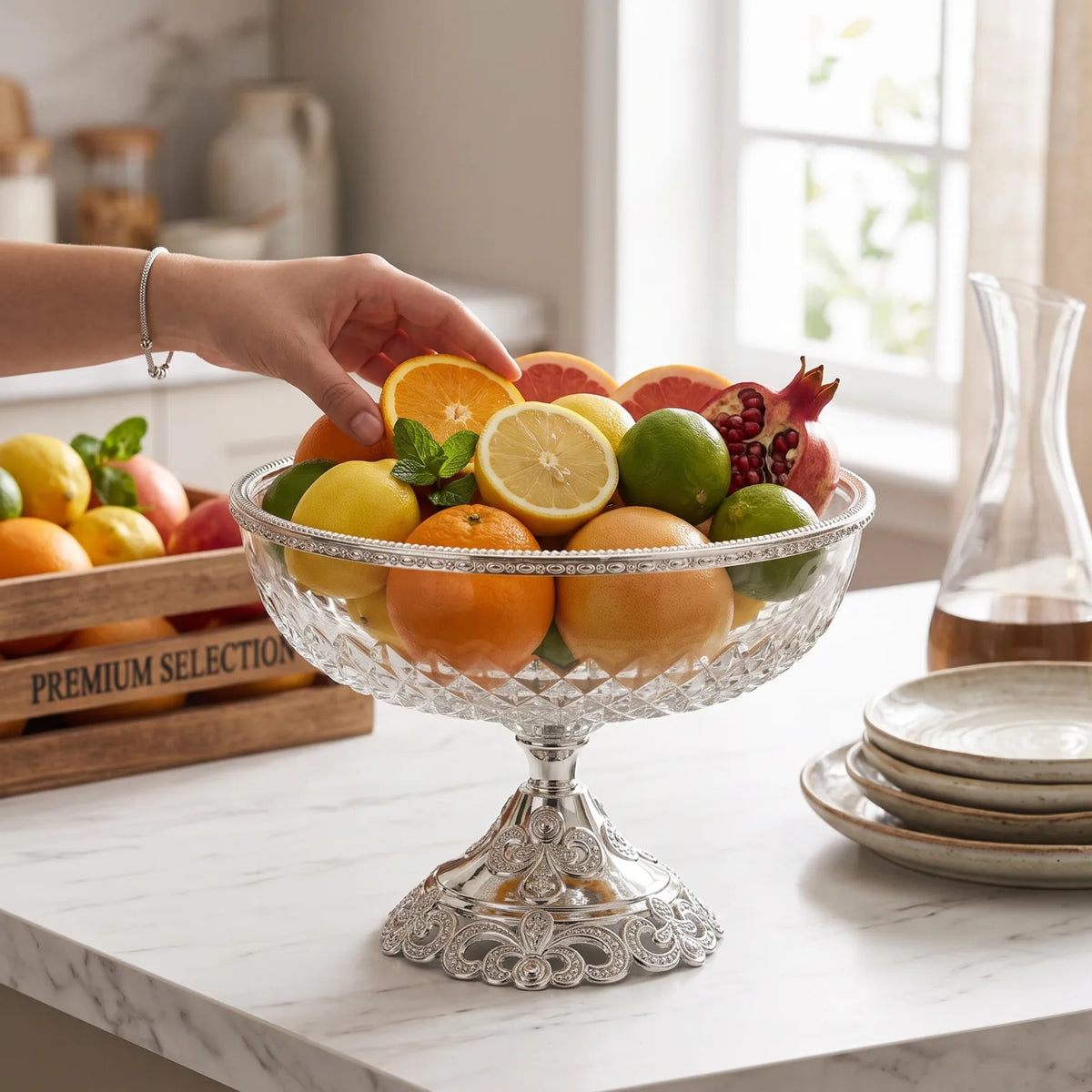 Glass Serving Bowl 28 cm × 22 cm – Elevated Pedestal Design | Faceted Clear Glass with Decorative Metal Base and Rim - Silver - Image 4