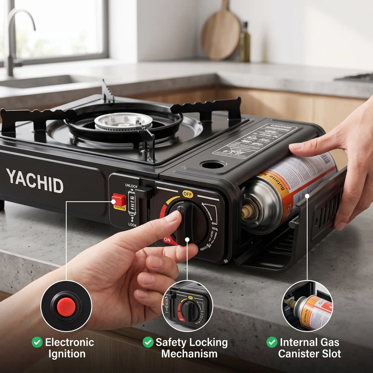 YACHID Portable Gas Stove – 34 x 27 x 11 cm | Black Glass Cooktop with Gas Burner and Control Knobs