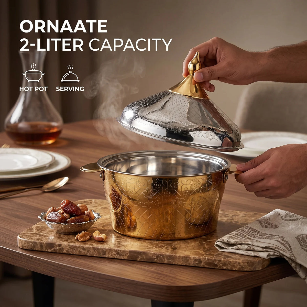 BOHARA 2 liters Hot Pot – Ornate Lidded Design with Side Handles, Reflective Multicolour Finish and Intricate Geometric Decorative Pattern