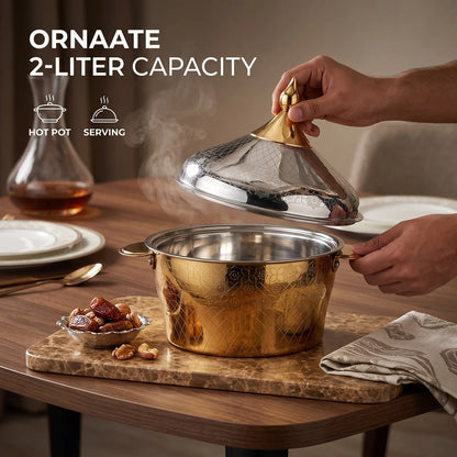 BOHARA 2 liters Hot Pot – Ornate Lidded Design with Side Handles, Reflective Multicolour Finish and Intricate Geometric Decorative Pattern