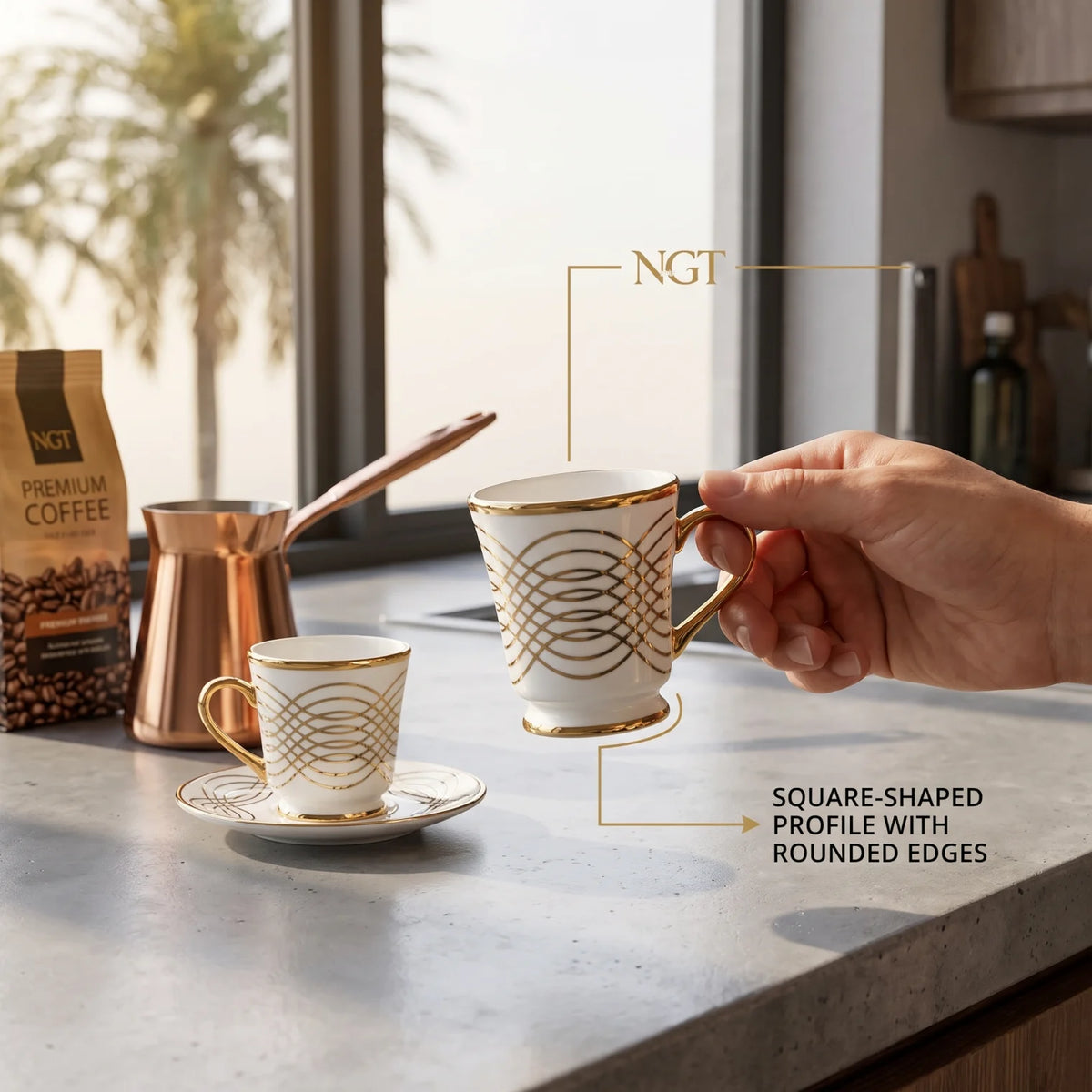 NGT 12 Pieces Fine Porcelain Cups and Saucers Set – 6 Cups & 6 Saucers | White Gold and Black Detail | Tea and Coffee Serving