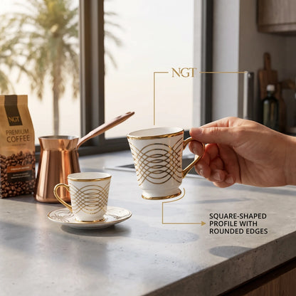 NGT 12 Pieces Fine Porcelain Cups and Saucers Set – 6 Cups & 6 Saucers | White Gold and Black Detail | Tea and Coffee Serving