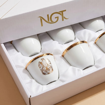 NGT 12-Piece Porcelain Arabic Coffee Gahwa Cup Set – UAE Abu Dhabi Falcon Logo | Handleless Cups | White-Gold or White-Black - White-Gold - Image 4