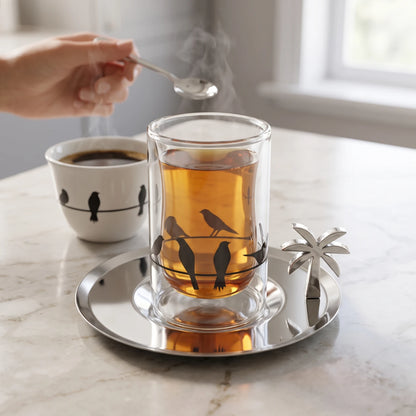 Fashion Home Elegant 18-Piece Tea & Coffee Set with Double-Wall Glass Cups, Metallic Saucers, Bird Pattern Cups & Palm Tree Ornaments