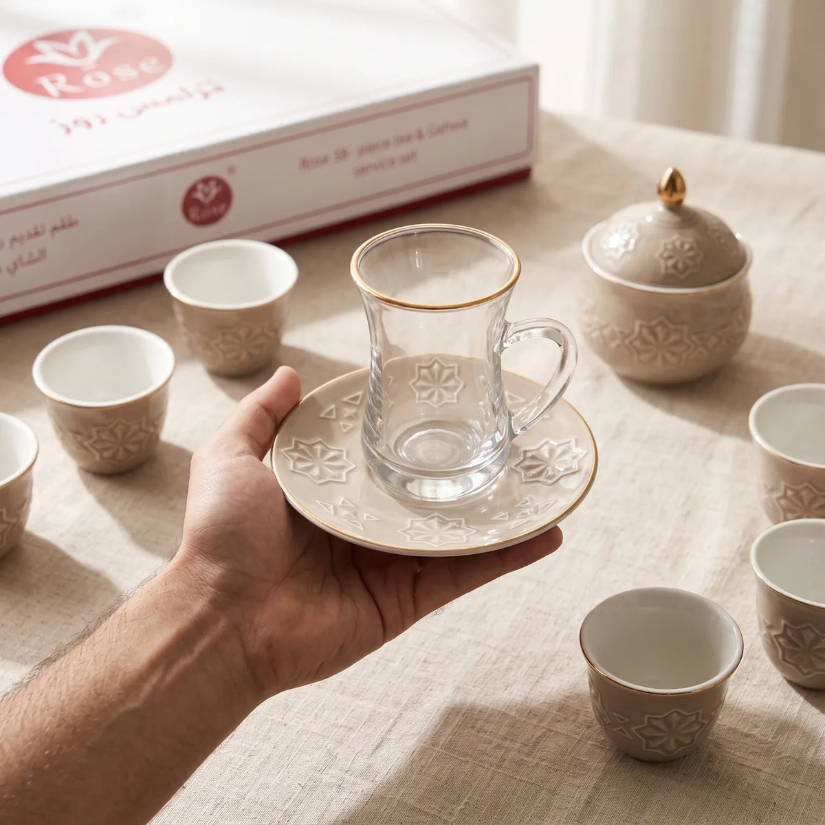 Rose 38 Pieces tea & gahwa complete set – 12 Glass Tea Cups, 12 Arabic Coffee Cups, 12 Saucers & Lidded Candy Jar Gift Box