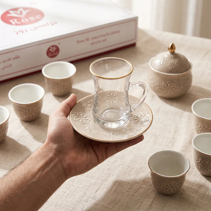 Rose 38 Pieces tea & gahwa complete set – 12 Glass Tea Cups, 12 Arabic Coffee Cups, 12 Saucers & Lidded Candy Jar Gift Box