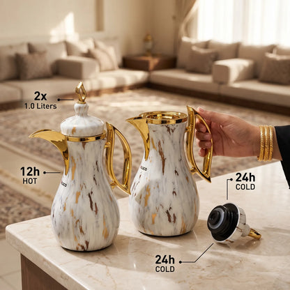 Pilsco 2-Piece Marble White - Gold Decorative Vacuum Flask Set, Arabic Design, Stainless Steel, 1.0 + 1.0 Liters