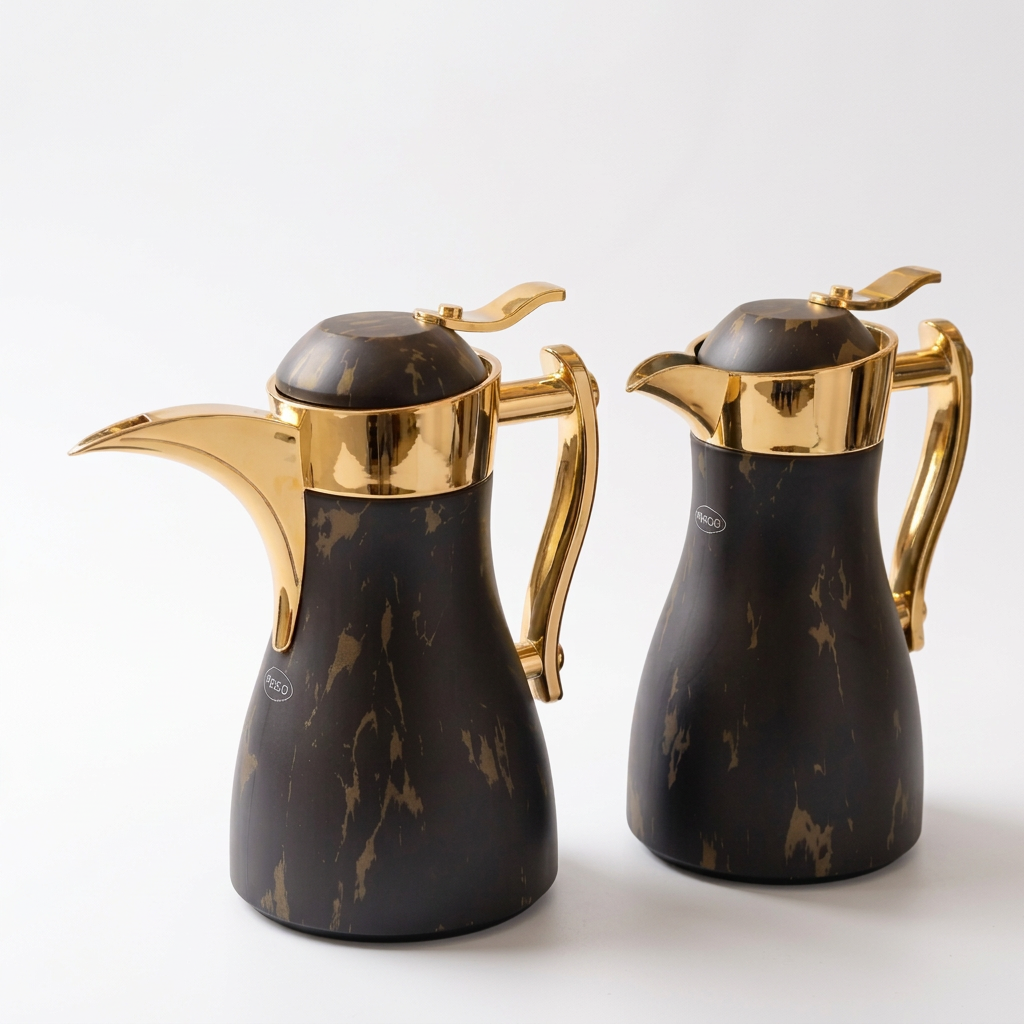 PISCO Pil Insulated Beverage Carafe – Black and Gold Marbled Design with Handle, Spout and Hinged Lid