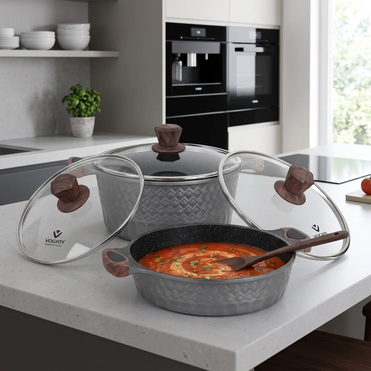 VOGATI (Mega Series) 10 pcs Cookware Set in Grey – Casserole Pots 20/24/28/32cm, Shallow Casserole 28cm Kitchen Cooking Set