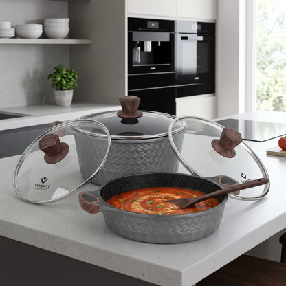 VOGATI (Mega Series) 10 pcs Cookware Set in Grey – Casserole Pots 20/24/28/32cm, Shallow Casserole 28cm Kitchen Cooking Set