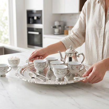 Ripple 3-Piece Luxury Metal Serving Tray Set – Ornate Handles, Floral Pattern Centers, Decorative Raised Rims, Small to Large Sizes - Silver - Image 4