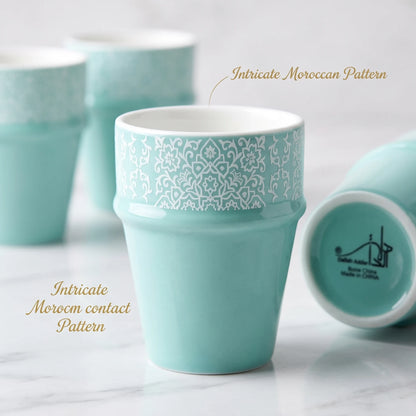 Dallah addar 12 Pieces Arabic Moroccan Bone China Porcelain Cups Set – Mint Handleless Drinking Cups with Floral Pattern and Presentation Box