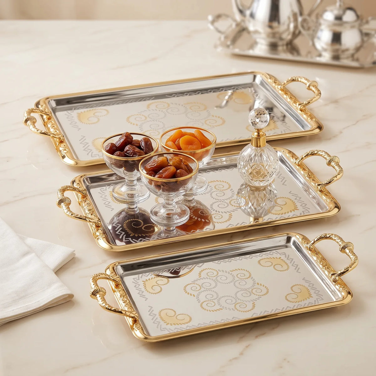 ARGTE Luxury 3-Piece Rectangular Serving Trays Set – Metallic Trays with Gold-Toned Handles and Floral-Etched Mirrored Bases