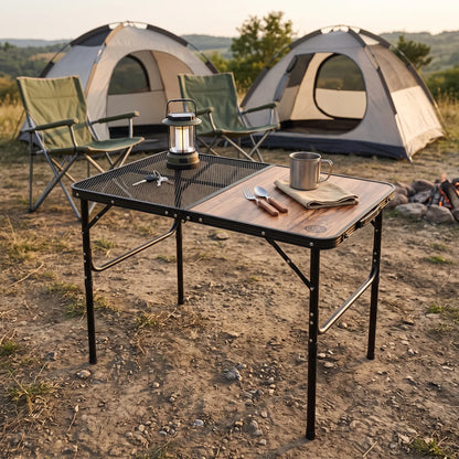 Omega 1 korea Lightweight Foldabe Camping Outdoor Table – Wood-Texture Section, Mesh Shelf, Folding Frame and Leg Extensions