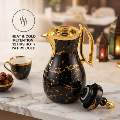 Pilsco 2-Piece Marble Black - Gold Decorative Vacuum Flask Set | Arabic Design, Stainless Steel, 1.0 + 1.0 L