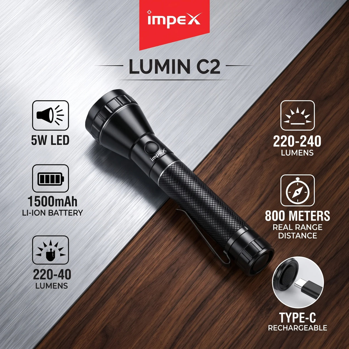 Impex Rechargeable LED Flashlight – Lumin C2 | Black Handheld Torch with Textured Grip and Pocket Clip
