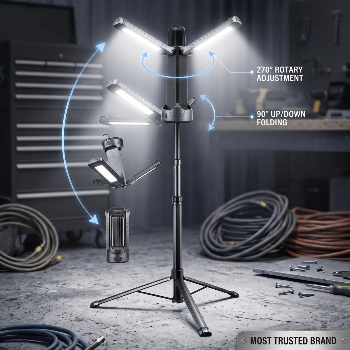 HU Tour Super Bright Work Light – Folding LED Tower Light with Adjustable Panels, 270°/90° Rotation and Telescoping Pole