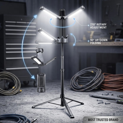 HU Tour Super Bright Work Light – Folding LED Tower Light with Adjustable Panels, 270°/90° Rotation and Telescoping Pole