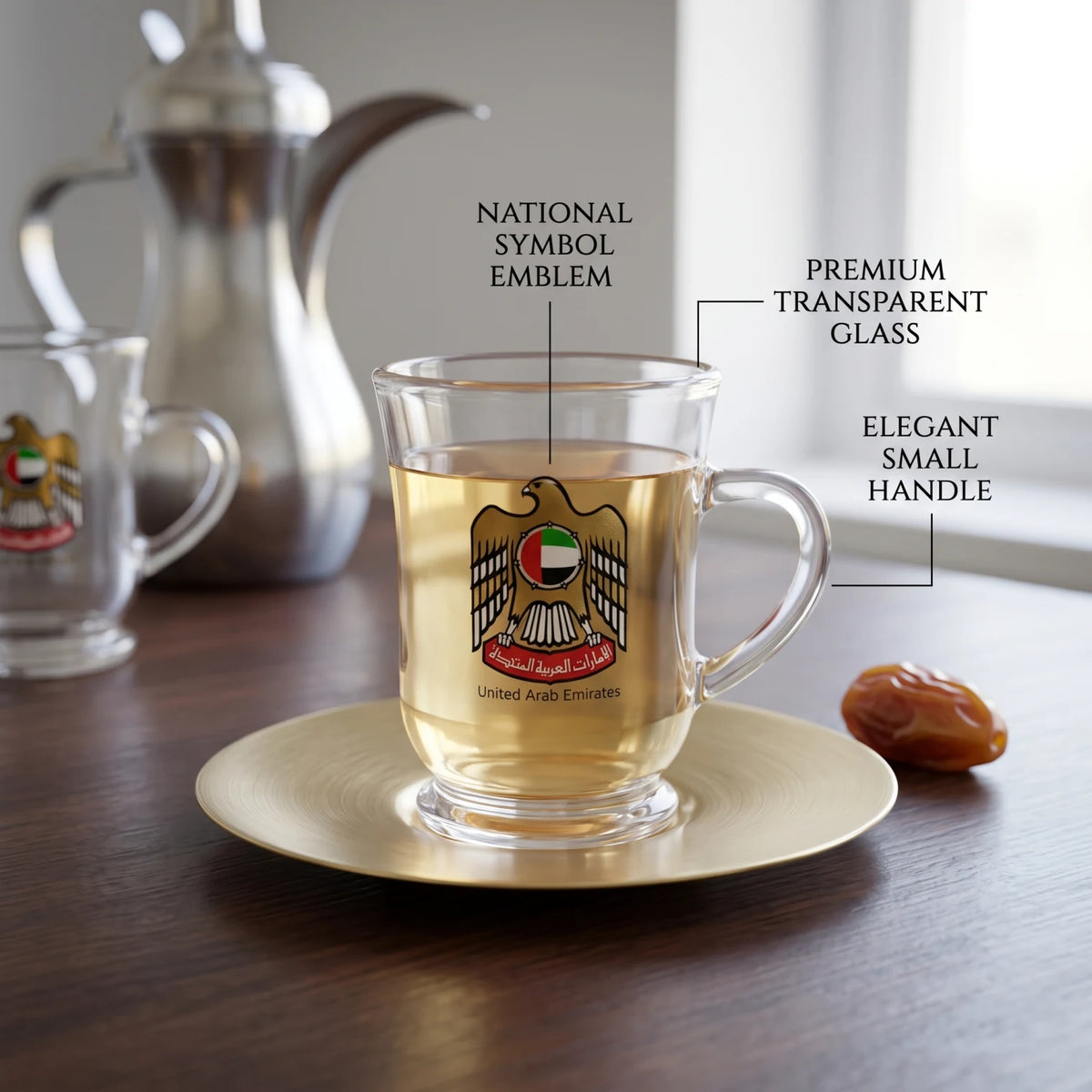 UAE National Glass Tea Cups Set – 6 Pieces with United Arab Emirates Symbol