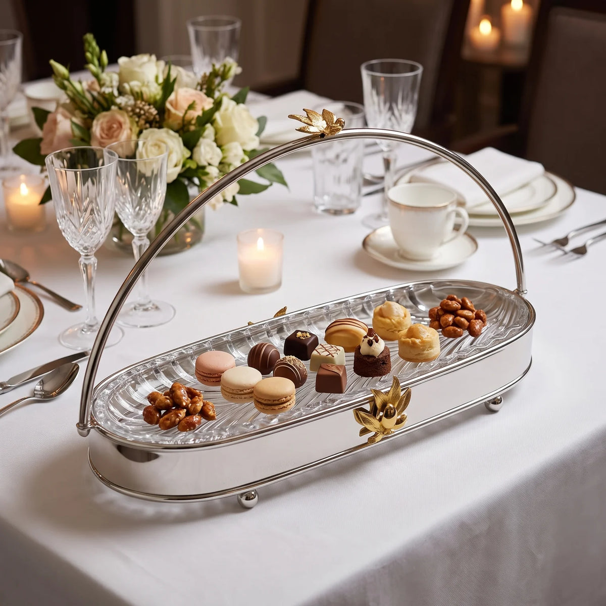MAY FLOWER Premium Medium Oval Serving Tray – Steel and Glass Food Display Stand with Arch Handle, Gold-Toned Floral Accent, 27 x 17 x 44 cm