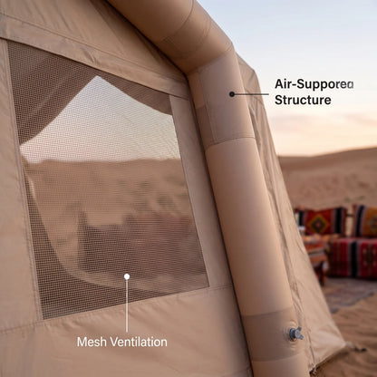 Large Beige Inflatable Camping Tent – 220 x 250 x 300 cm | Mesh Doors and Windows | Outdoor Shelter for Camping and Leisure