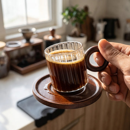 6-Piece Glass Cup Set with Wooden Saucers – Clear Ribbed Cups, Dark Brown Handles and Matching Serving Saucers