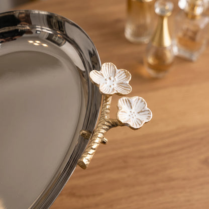 Silver Decorative Metal Tray with Floral Embellishment & Golden Feet – Small, Medium & Large | Raised-Rim Serving and Display Tray - Small - Image 4