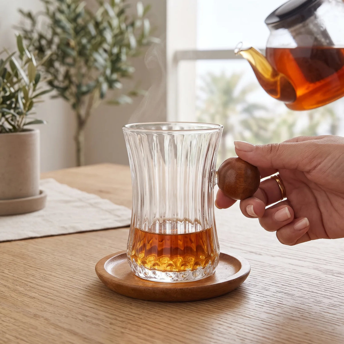 GLASS TEA TASTING CUP 12-Piece Set – 6 Ribbed Glass Cups with Wooden Handles and 6 Wooden Saucers for Tea Serving