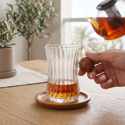 GLASS TEA TASTING CUP 12-Piece Set – 6 Ribbed Glass Cups with Wooden Handles and 6 Wooden Saucers for Tea Serving