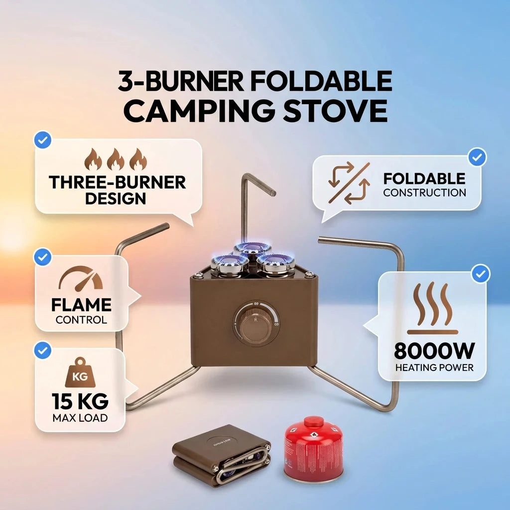 Green Lion 3-Burner Foldable Camping Stove – 8000W Heating Power, 15 kg Max Load, Flame Control, Portable Outdoor Cooking Cooker
