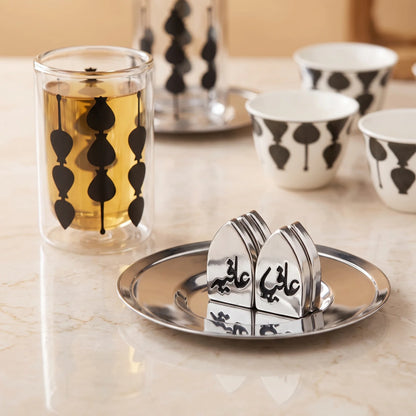 Fashion Home Elegant 18-Piece Tea and Coffee Set with Double-Wall Glass Cups, Metallic Saucers, Black Abstract Pattern and Arabic Ornaments