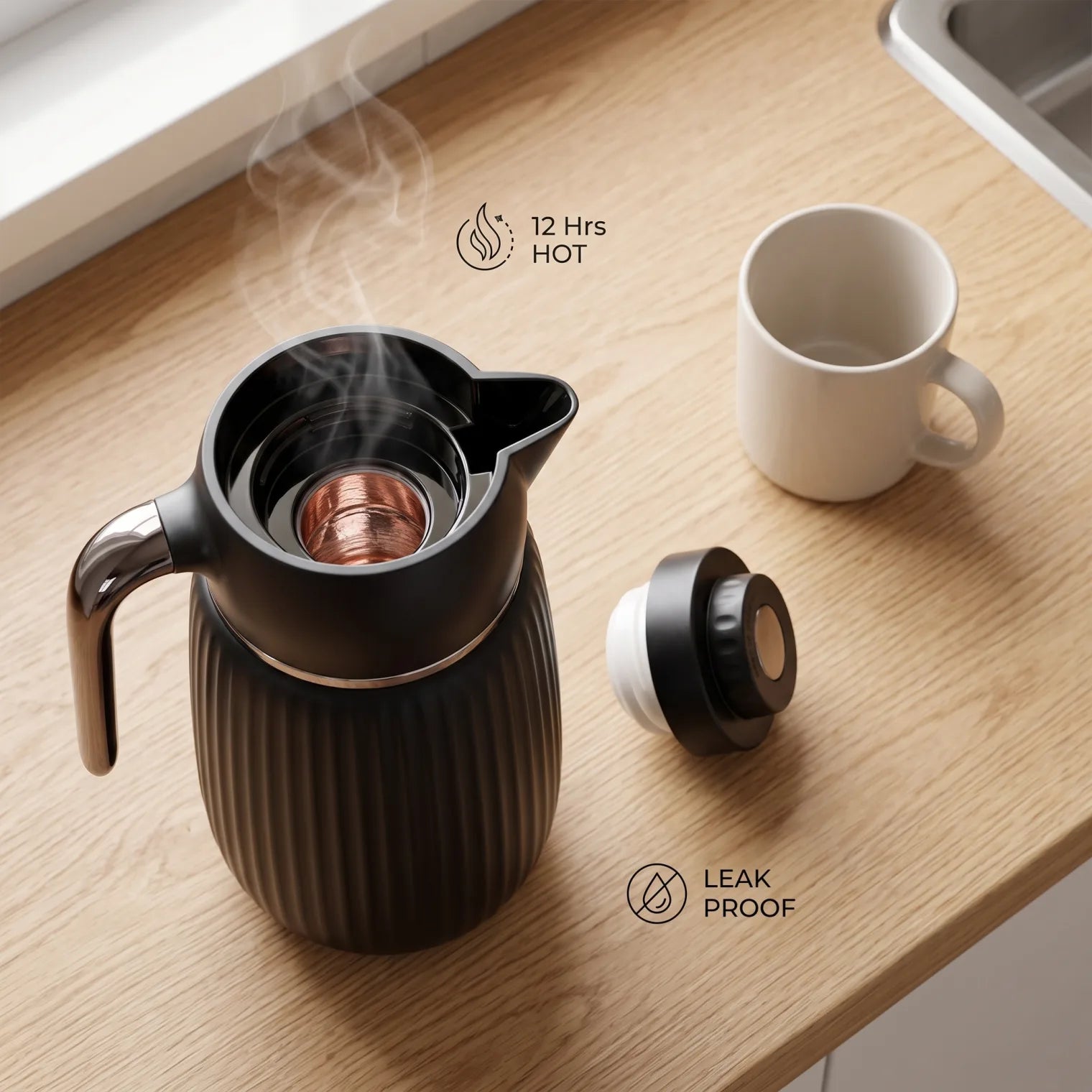 BAYTIX Vacuum Flask 1.0 Liter – Black Insulated Beverage Carafe | Leak Proof, Keeps Drinks Hot or Cold
