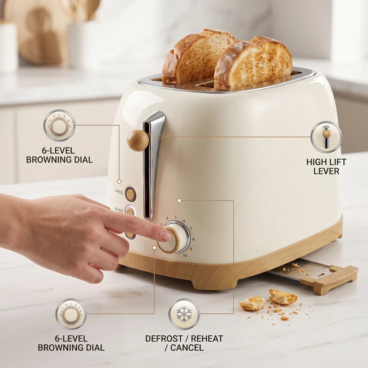 GREEN LION Classic Toaster 2-Slice 815W – 6-Level Browning, Defrost, Reheat & Cancel, Browning Dial, Lift Lever, Cream Kitchen Toaster