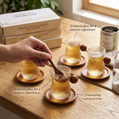 12-Piece Cups and Saucers Set – 6 Glass Tea Tasting Cups with Wooden Handles, Textured Surface and 6 Wooden Saucers
