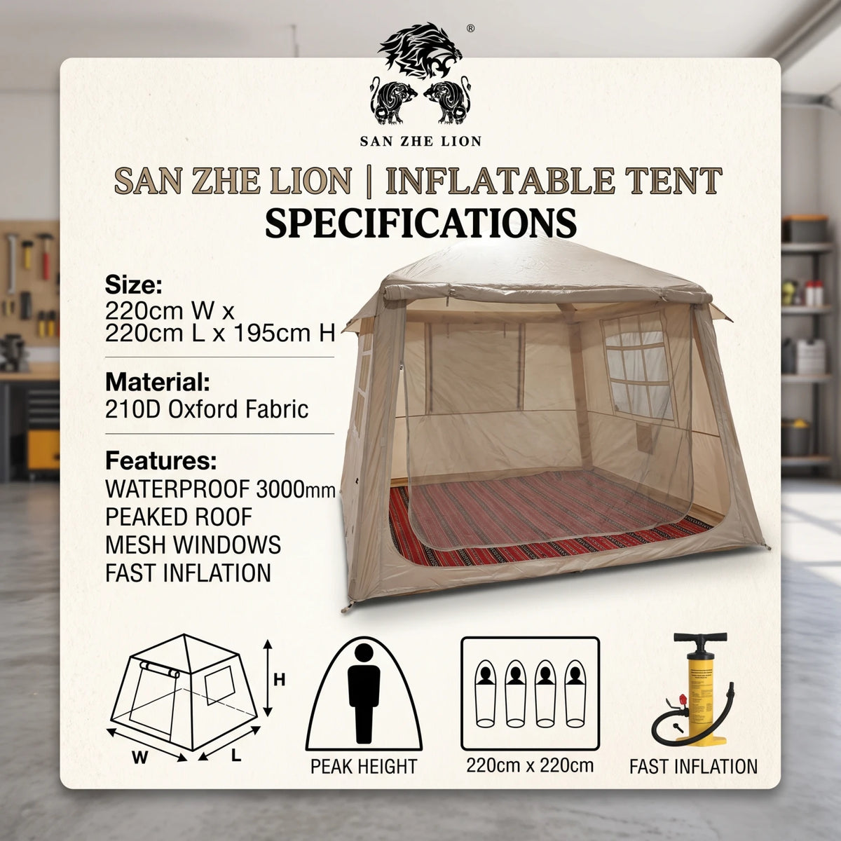 SAN ZHE LION Dark Beige Large Inflatable Tent – 195 x 220 x 220 cm | Mesh Windows, Door and Peaked Roof | Outdoor Camping Shelter