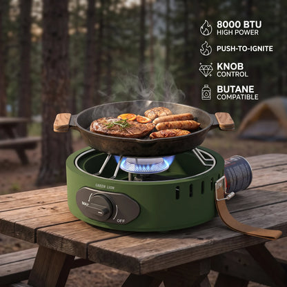 GREEN LION SOLO FLAME Camping Stove – Green Butane Gas Compatible Single Burner | Push-to-Ignite, Knob Control, 8000 BTU High Power