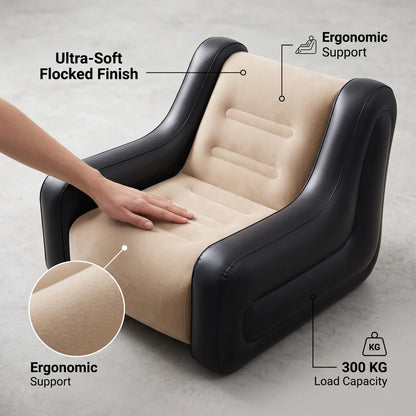 GREEN LION Single Seater Inflatable Sofa GMT-7 – Beige & Black, 300 KG Load Capacity, Manual Pump Included, Ultra-Soft Flocked Finish, 2-Min Inflation