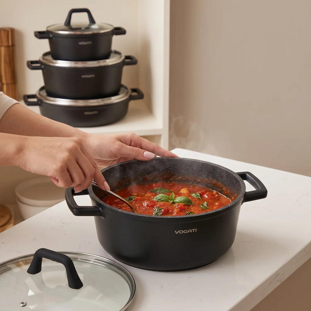 VOGATI FLORENCE SERIES 8PCS Titanium Granite Coating Non-Stick Induction Cookware Set, Black | 20/24/28cm Casseroles and 28cm Shallow Casserole
