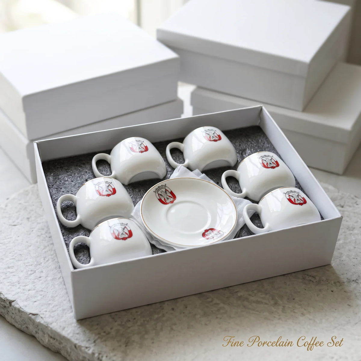 Abu Dhabi National Symbol 12-Piece Fine Porcelain Coffee Set – 6 Cups and 6 Saucers | White, Red, Black and Gold Emblem Design, Boxed Drinkware Set