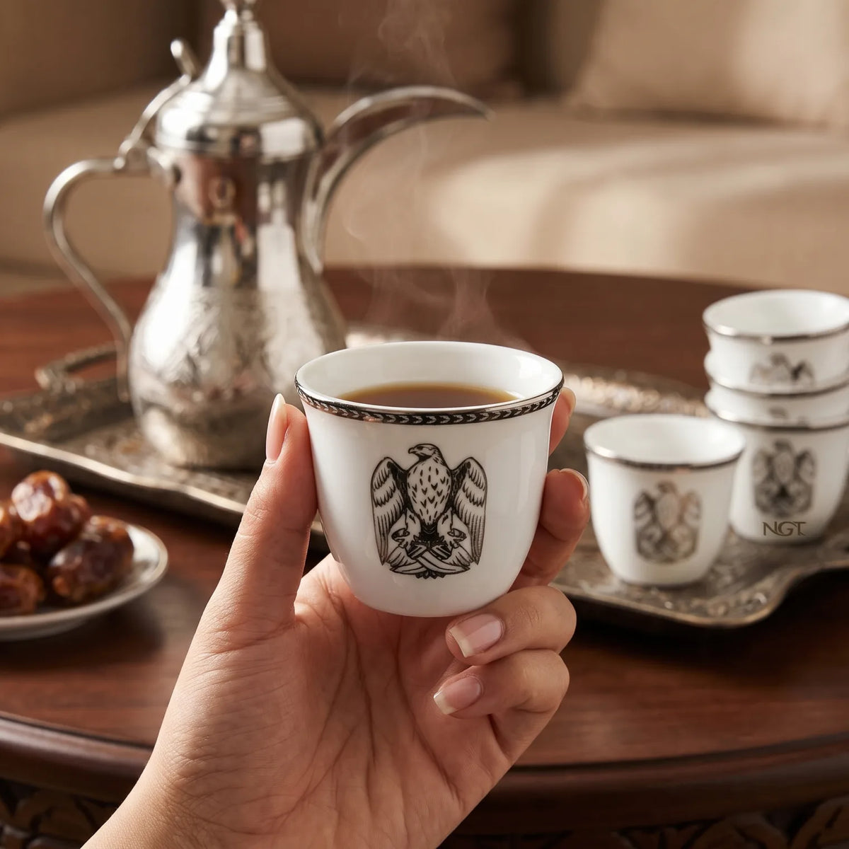 NGT 12-Piece Porcelain Arabic Coffee Gahwa Cup Set – UAE Abu Dhabi Falcon Logo | Handleless Cups | White-Gold or White-Black - White-Black - Image 4