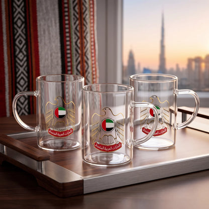 HOME ELEGANCE UAE national 3 pieces glass set – 3 Glass Mugs with Handles, UAE Flag and Falcon-Themed Decoration