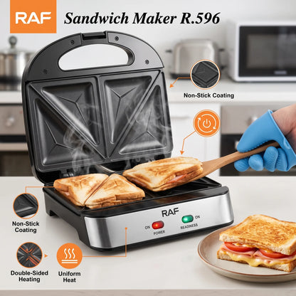 RAF Sandwich Maker R.596 – 850W Electric Black & Silver Appliance | Non-Stick Coating | Double-Sided Heating | Uniform Heat | Easy-Clean Design