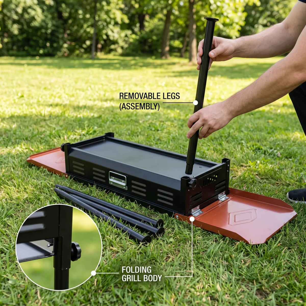 Portable Folding Stainless Steel Charcoal Barbecue Grill with Red Side Shelves and Removable Legs – Outdoor Cooking Grill
